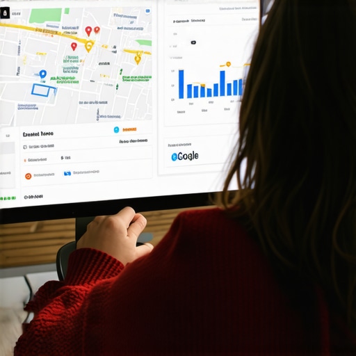 Person analyzing local SEO data with Google Maps and analytics charts