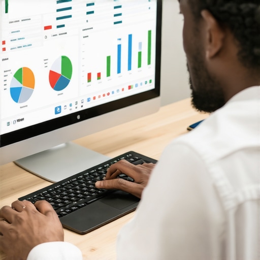 Advanced Local SEO Data Analysis Marketer reviewing detailed local SEO analytics on a computer.
