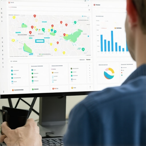 Person reviewing local SEO analytics on a laptop with maps and graphs.
