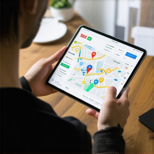 Analyzing Local SEO Data Business owner reviewing local SEO analytics on a tablet with maps and graphs