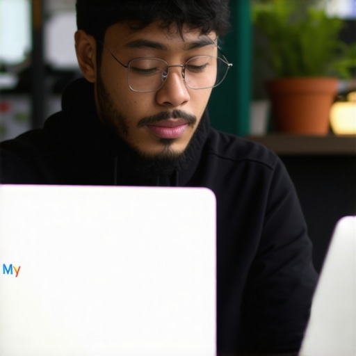 Business owner managing Google My Business profile on laptop