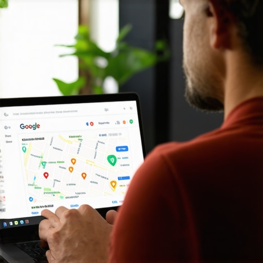 Optimizing GMB Profile Business owner working on Google My Business profile on a laptop with maps and analytics.