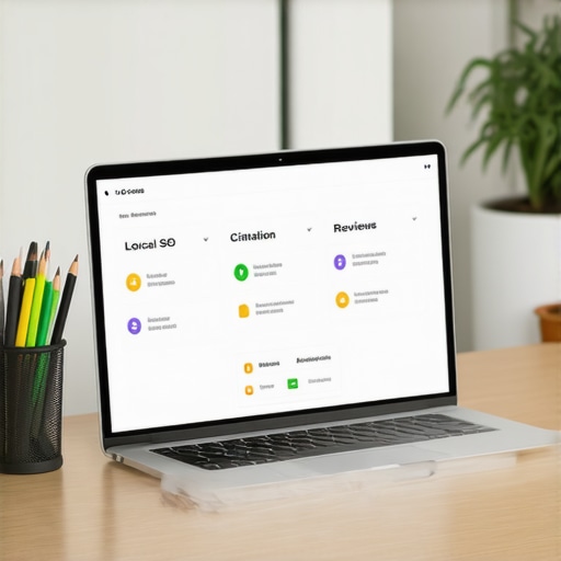 A workspace with a laptop displaying local SEO tools, citation management, and review dashboards.