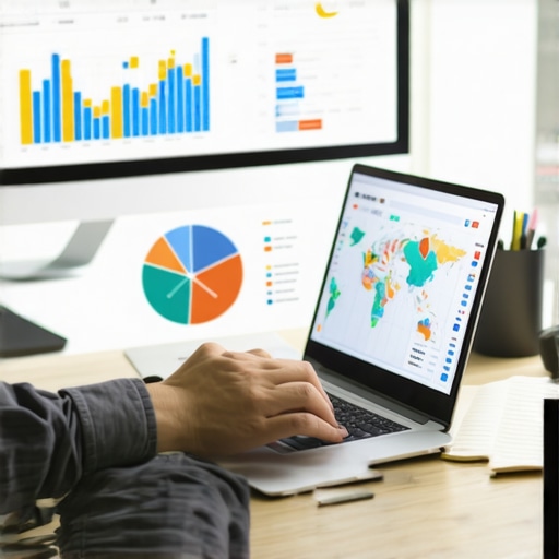 Local SEO Tools Dashboard Person analyzing local SEO analytics on a laptop with maps and data charts