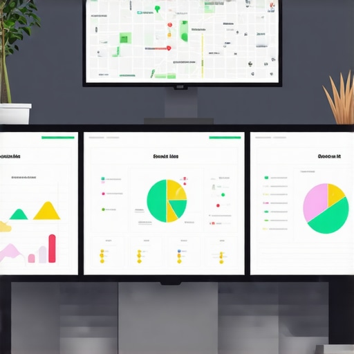 Map SEO Tools Workspace Computer screen showing map optimization analytics and SEO software for Google Maps visibility.