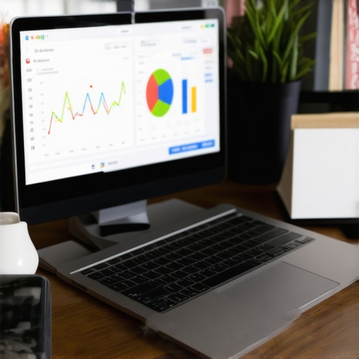 Workspace with SEO analytics, Google My Business dashboard on laptop, and marketing charts