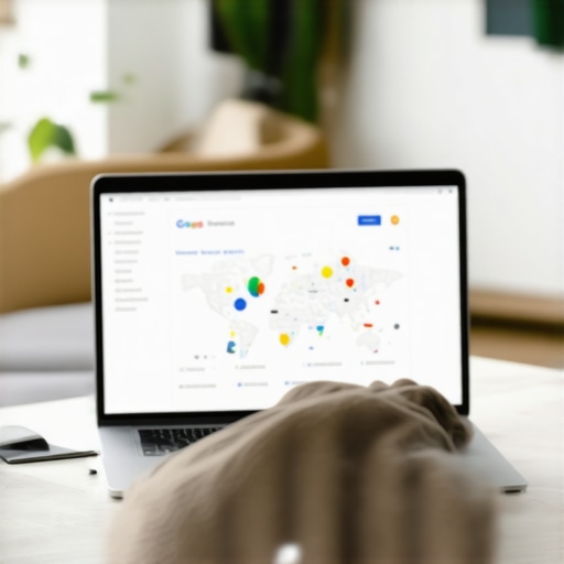 Optimizing Google My Business Profile Person working on Google My Business profile on a laptop, with charts and maps in the background.