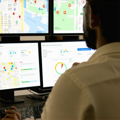 Digital marketer reviewing local SEO analytics on multiple monitors