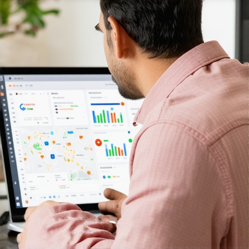 Business owner analyzing Google Maps reviews and performance metrics on a laptop.