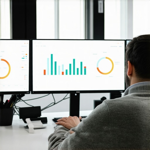 Person examining review analytics on a computer screen filled with charts and data points