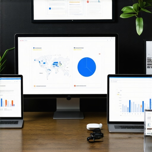 A workspace setup with screens displaying SEO tools and analytics for map SEO management