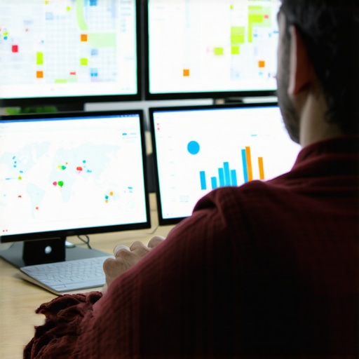 A person reviewing SEO analytics on screens showing maps and ranking charts.