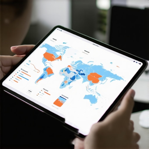 Expert analyzing voice search data on a tablet with maps and charts.