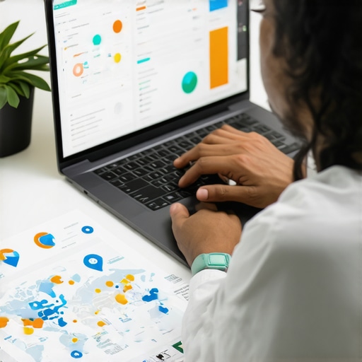 Person analyzing map visibility metrics and rankings on a laptop