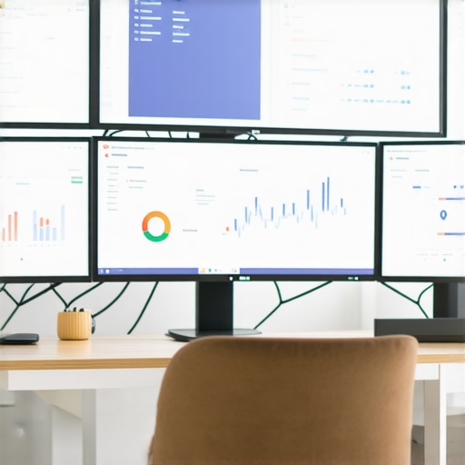 A workspace with screens showing SEO analytics and profile management tools for Google My Business optimization.