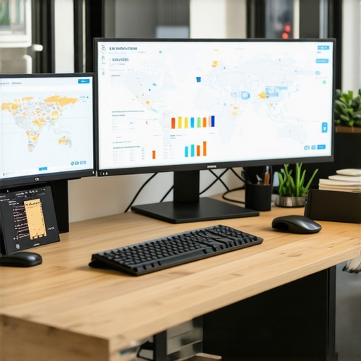 A desktop with multiple screens showcasing map rankings, review management, and citation data, symbolizing map SEO maintenance tools.