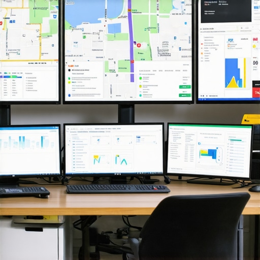 Advanced Map Management Tools in Action Operator monitoring Google Maps analytics and AR profile updates on screens at a desk.