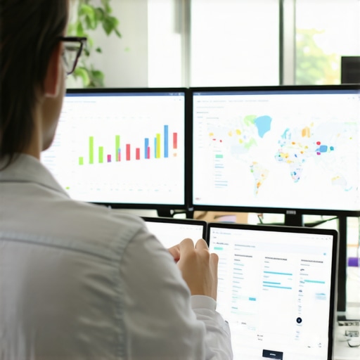 Person reviewing maps and SEO analytics on computer screens in office.