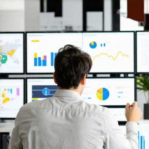 A person analyzing local map data on computer screens with charts and maps, representing SEO tools.