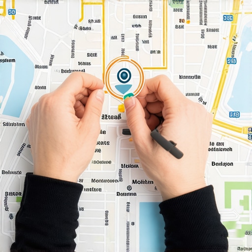 Hands adjusting a digital map showing local radius zones and landmarks for better Google Maps visibility.