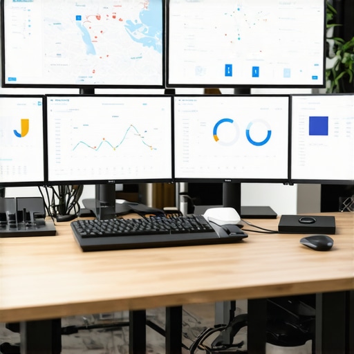 Business professional monitoring map analytics on computer screens in a modern office.