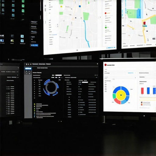 Optimizing Map Visibility with Advanced Tools A workspace with screens displaying map analytics, sensors, and SEO tools