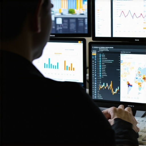 Monitoring Local Map Rankings A person analyzing local SEO performance on digital screens with maps and graphs.