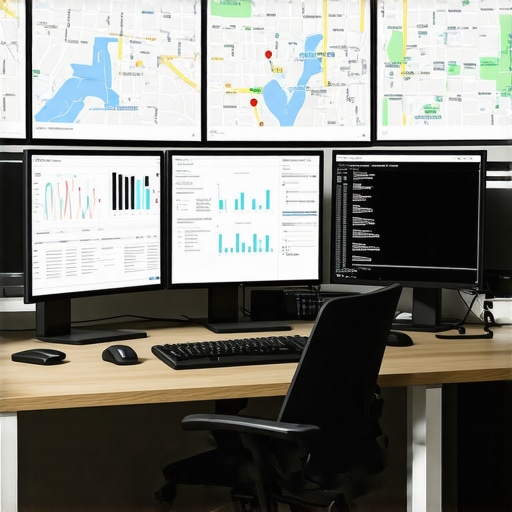 Optimizing Map SEO with Cutting-Edge Tools Workstation with screens showing map analytics, SEO tools, and live traffic data for local SEO management.